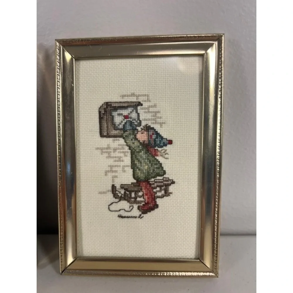 Vintage Hummel Style Framed Cross Stitch Set of 2 Angel & Child Sledding 4x6